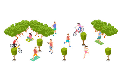 Sports people. Isometric men women train on nature. Vector cyclists, a