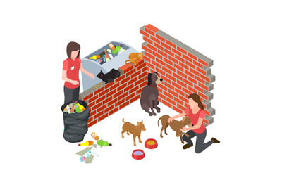 Stray animals problem. Stray dogs cats care. Isometric vector voluntee