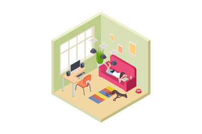 Time relax. Girl relaxing couch reading book. Isometric living room in