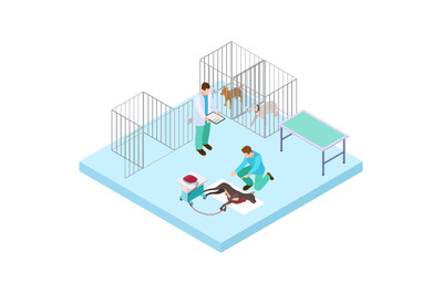 Veterinary hospital concept. Vets treat dog. Isometric pets in clinic.