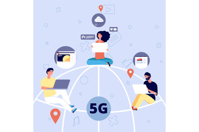 5g. People on globe with devices with 5g mobile internet, speed broadc