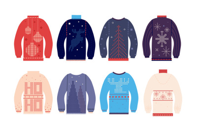 Ugly sweater. Traditional ugly christmas sweaters with different cute