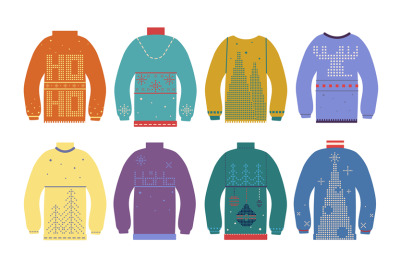 Ugly christmas sweater. Traditional xmas jumpers with various cute nor