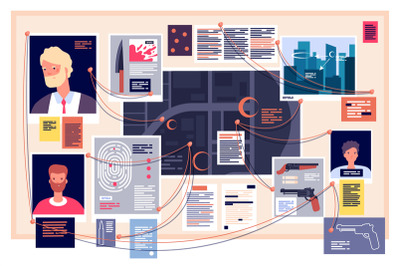 Detective board. Investigation dashboard with pinned photos, newspaper