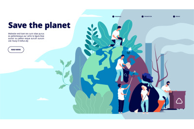 Ecology landing page. Characters cleaning trash earth surface, environ