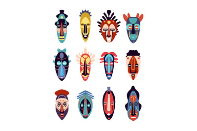 African mask. Colorful ethnic tribal ritual masks of different shapes,