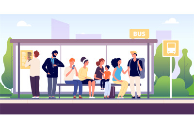 People at bus stop. City community transport, passengers waiting the b