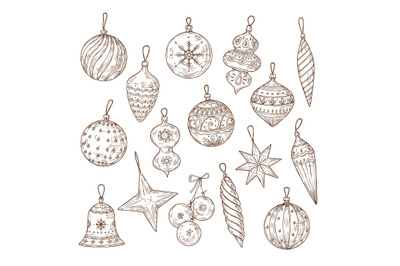 Christmas balls sketch set. Xmas tree decorations. Winter holidays and