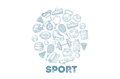 Sports equipment background. Sketch medal, basketball and rugby ball,