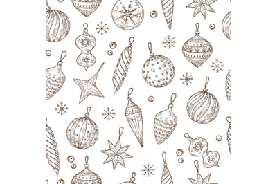 Christmas balls seamless pattern. Xmas tree decorations and snowflakes