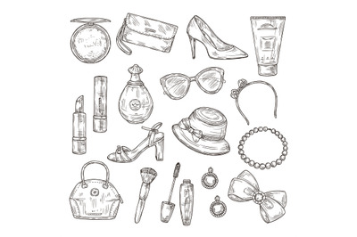 Sketch womens accessories. Female shoes, lady handbag and hat, mascara