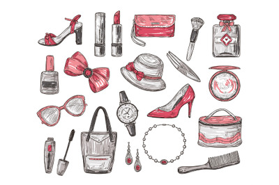 Sketch womens accessories. Handbag, hat and watch, mascara and glasses