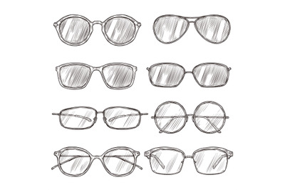 Sketch sunglasses. Hand drawn eyeglass frames, doodle eyewear. Male an