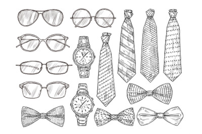 Sketched mens accessories. Glasses, watches and mens ties and bow tie.