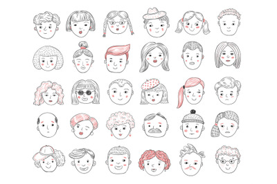 Sketch people avatars. Female and male portraits, human faces, men and