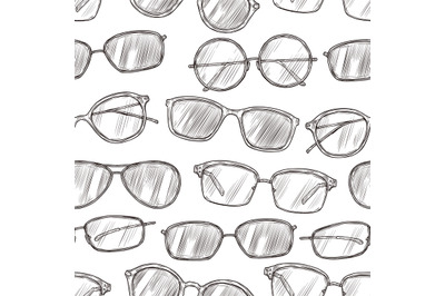 Sketch sunglasses seamless pattern. Hand drawn beach glasses 80s retro