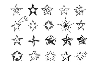 Hand drawn stars. Sketch star shapes, black starburst doodle signs for