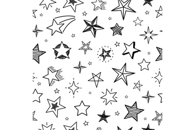 Sketch stars seamless pattern. Hand drawn grunge starry sky. Doodle te