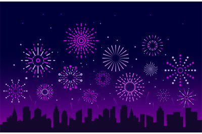 Night city fireworks. Festive christmas pyrotechnics firecrackers with