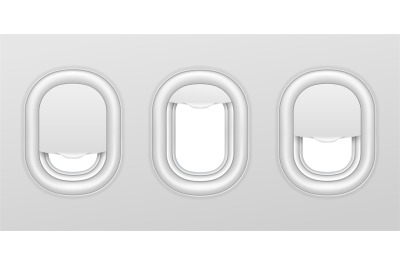 Airplane windows. Aircraft interior with transparent portholes. Realis