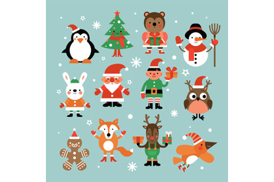 Christmas characters. Santa claus, fir-tree and penguin, snowman and e