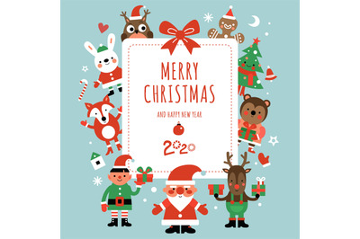 Christmas characters card. Santa, deer and fir-tree, rabbit and owl wi