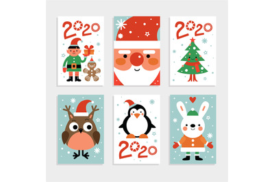 Christmas characters card set. Santa, penguin and fir-tree, white rabb