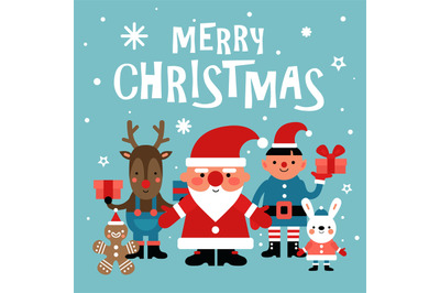 Christmas characters background. Santa, gingerbread Man and white rabb