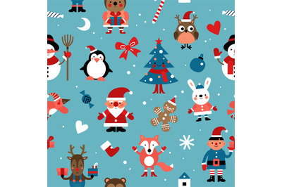 Christmas characters pattern. Santa, gingerbread Man and rabbit, elf a