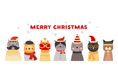 Christmas cats. Cute kittens in santa hats&2C; winter headwear and glasse