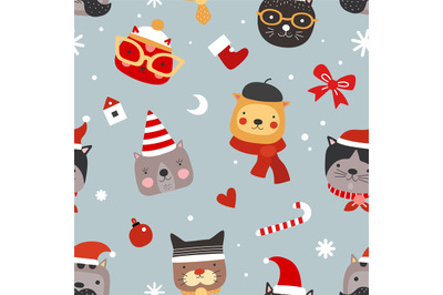 Christmas cats seamless pattern. Cute kittens in santa hats&2C; warm head