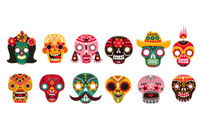 Dead day skulls. Mexican sugar human head bones halloween tattoo dia d