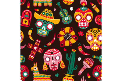 Day of dead seamless pattern. Skulls, guitar and llama hot pepper, hea