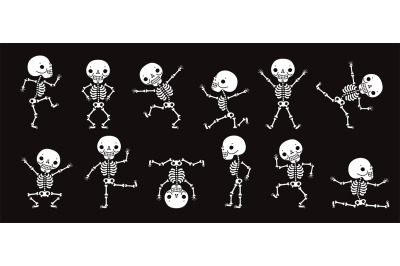 Dancing skeletons. Cute halloween skeleton dancers, funny horror chara