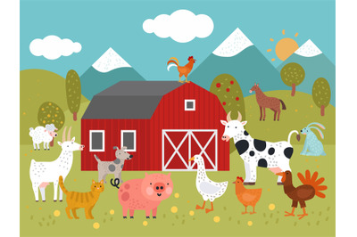 Cartoon farm. Goat&2C; cat and pig&2C; goose and chicken&2C; cow and dog&2C; turke