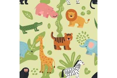 Jungle animals seamless pattern. Lion&2C; crocodile and zebra&2C; elephant a