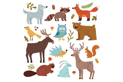 Forest animals. Wolf&2C; raccoon and fox&2C; bear and owl&2C; deer&2C; squirrel an