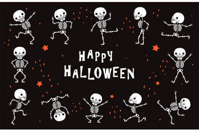 Dancing skeletons. Funny white human bones in dance. Halloween vector