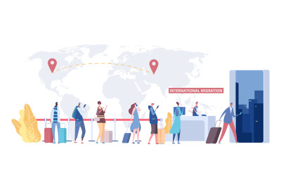 International migration concept. Immigrants queue&2C; world map and desti