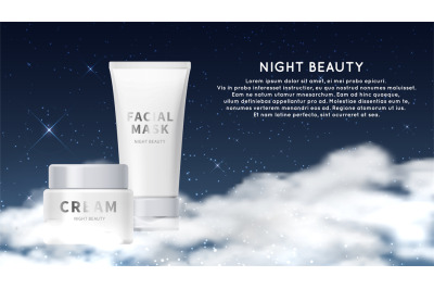 Night cosmetic background. Cream facial mask tubes realistic mockup. V