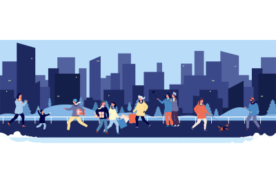 Winter walking. Happy people walking in downtown vector illustration.