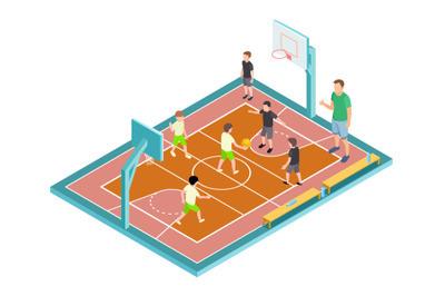 Basketball training. Children play basketball vector illustration. Iso