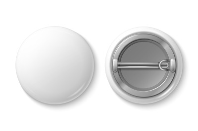 Button pin badge. White blank badge mockup. Realistic vector 3d pin bu