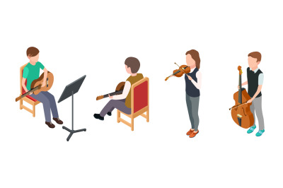 Children musicians. Isometric characters with violin guitar cello. Vec