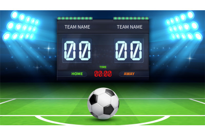 Football stadium background. Realistic soccer ball in green field. Sta