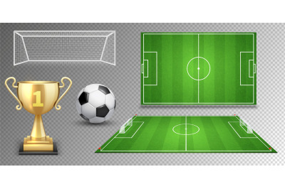 Football vector elements. Soccer ball golden cup green fields goals. R