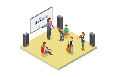 Music class. School orchestra lesson vector concept. Isometric music l