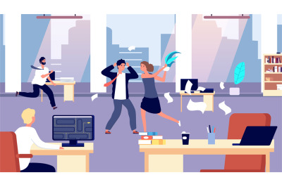 Office brawl. Chaos in workplace. Negative employees in office. Bad or