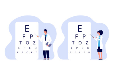 Ophthalmologists characters. Oculists checking vision vector illustrat