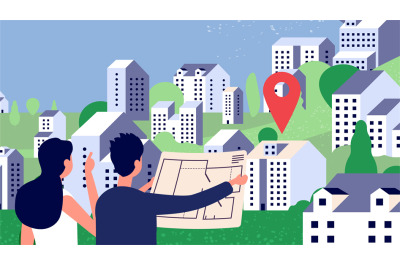 Property selection. Couple watching house plan. Vector characters, cou